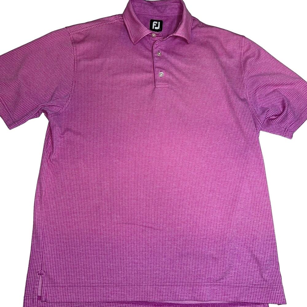 FJ Footjoy Polo Shirt Men’s L Pink Ombré Windowpane Pattern Mira Vista Logo Golf